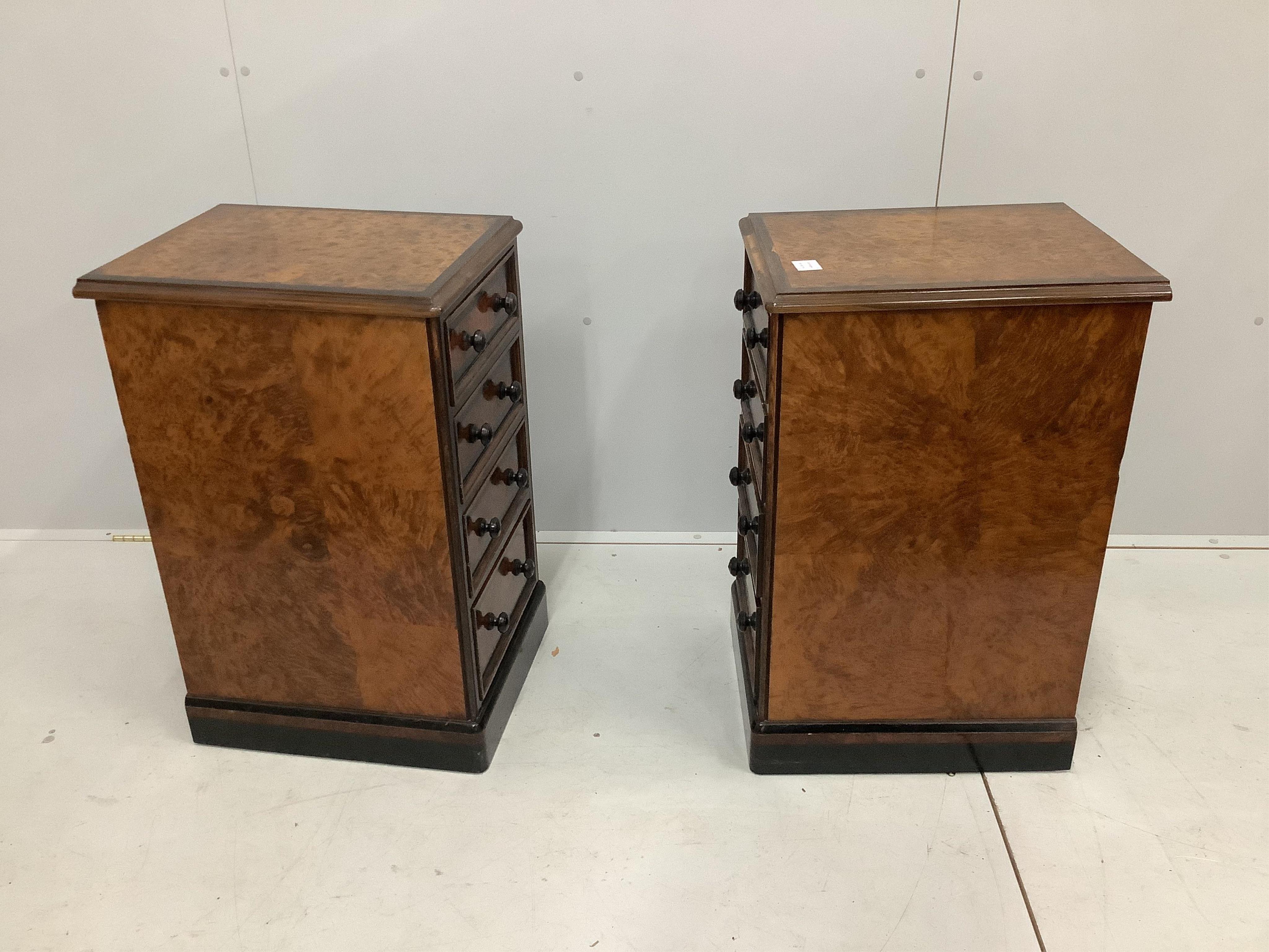 A pair of Victorian bird's eye maple four drawer bedside chests, adapted, width 40cm, depth 48cm, height 75cm. Condition - fair